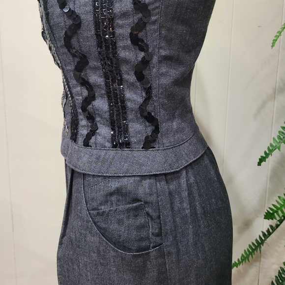 Howard Wolf Denim Strapless Skirt Set Sequin Bustier Women’s Sz 8 Skirt Sz 6 Top - Picture 6 of 14